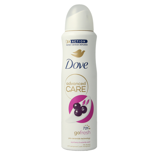 Dove deodorant spray with advanced acai and waterlily scent, 150ml bottle, fresh floral fragrance, visible spray nozzle and packaging