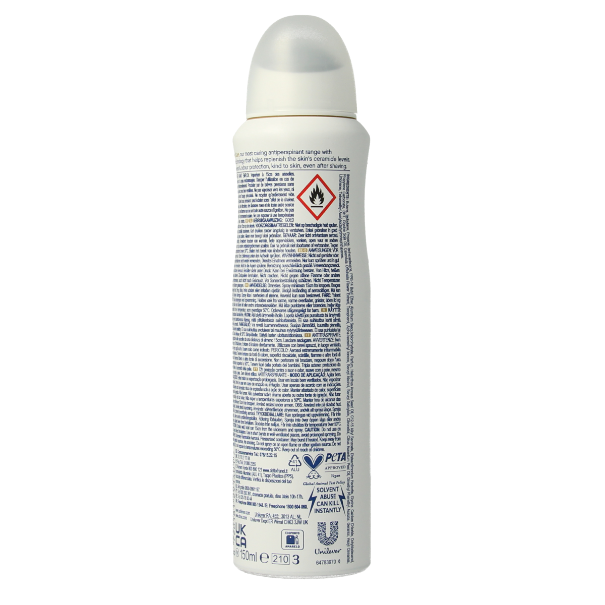 Dove deodorant spray in a 150ml bottle with advanced acai and waterlily scent, featuring a sleek design and spray nozzle.