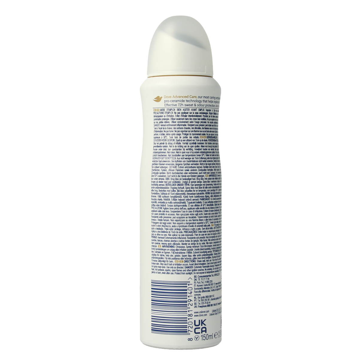 Dove Advanced Acai & Waterlily deodorant spray bottle, 150ml, with floral and berry scent, shown on a plain background.