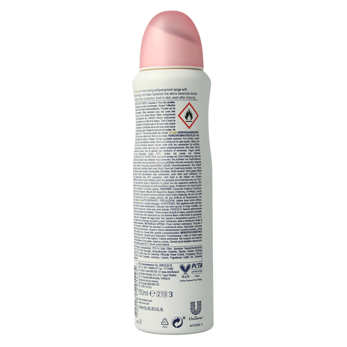 Dove Deodorant spray Beauty Finish 150ml bottle with sleek white design and spray nozzle, ideal for freshening underarms.