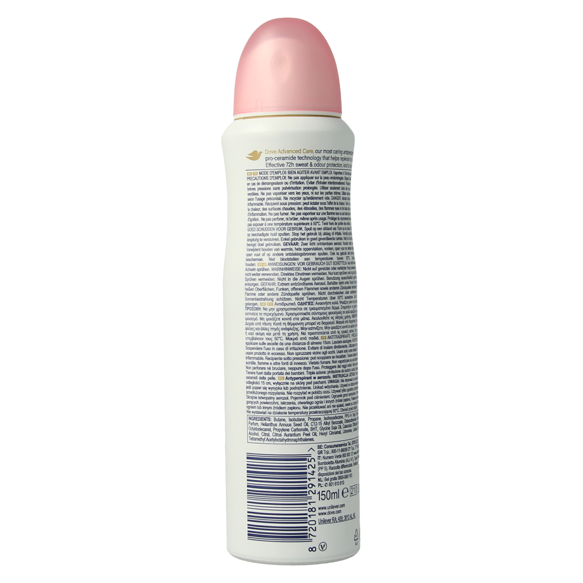 Dove deodorant spray in beauty finish, 150ml bottle, with a sleek white and silver design, ready for everyday use.