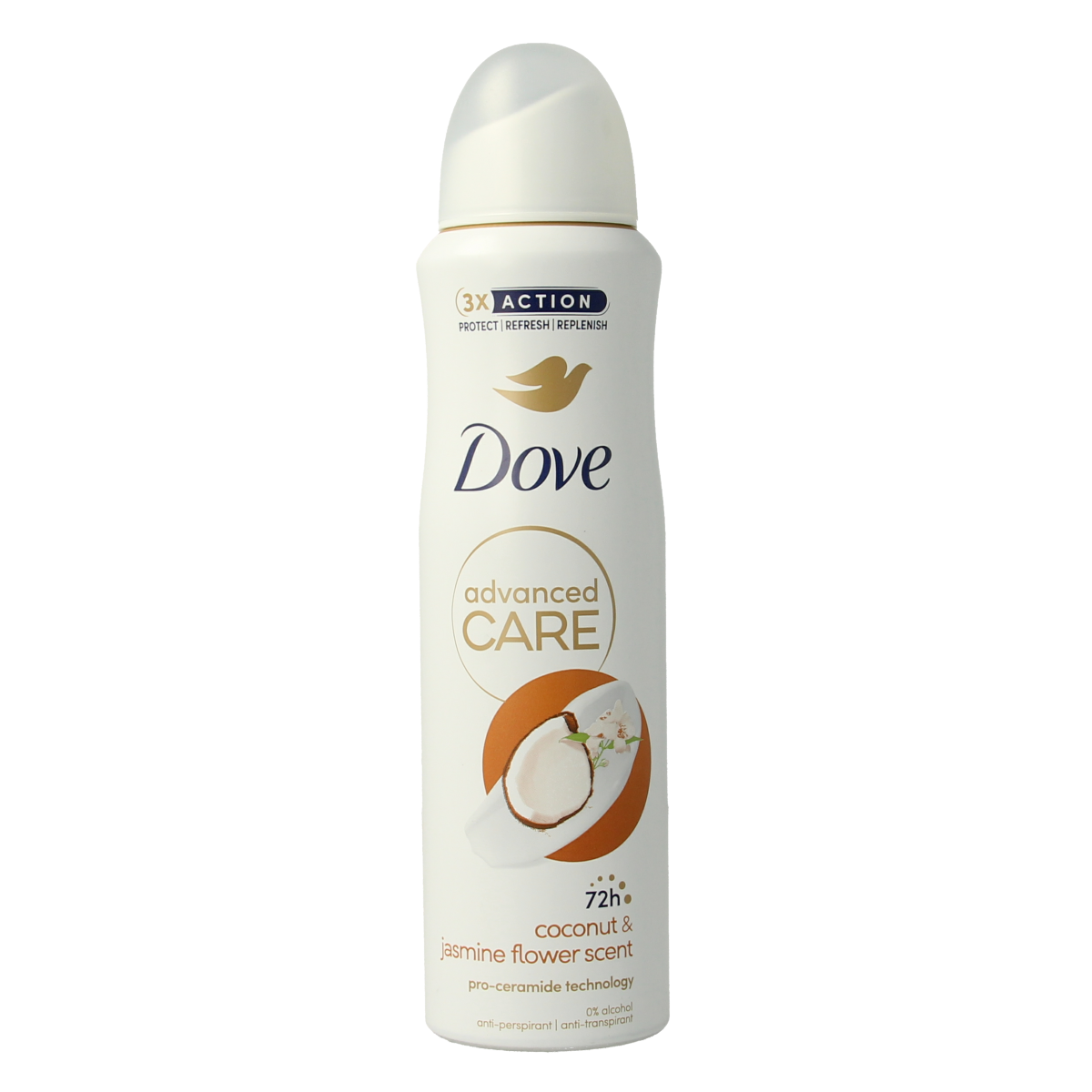 Dove deodorant spray with advanced coconut and jasmine scent, 150ml bottle, featuring a white and floral label design.