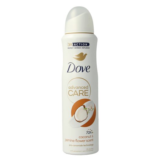 Dove deodorant spray with advanced coconut and jasmine scent, 150ml bottle, featuring a white and floral label design.
