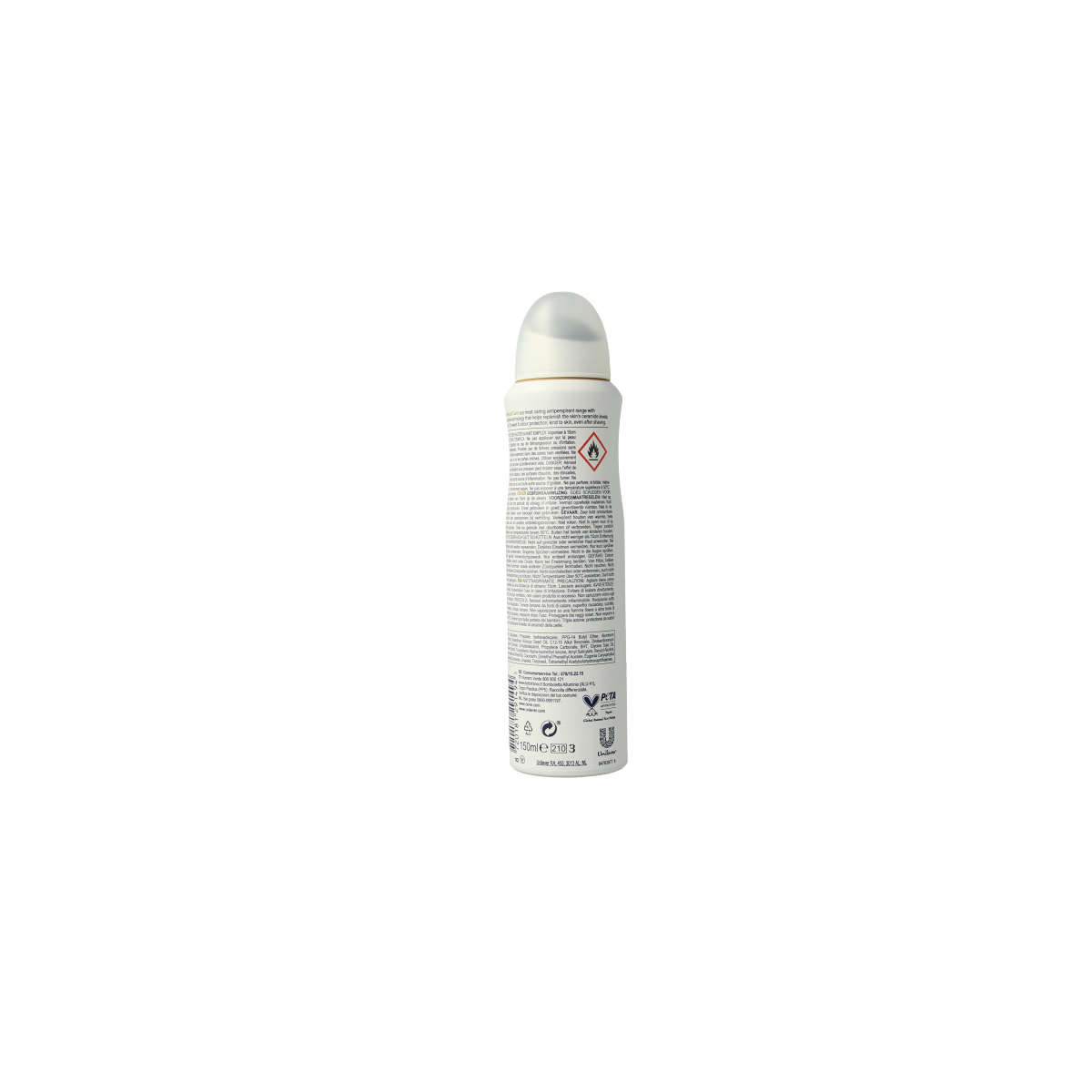 Dove advanced coconut and jasmine deodorant spray bottle, 150ml, with a floral and tropical scent, for freshness and odor protection.