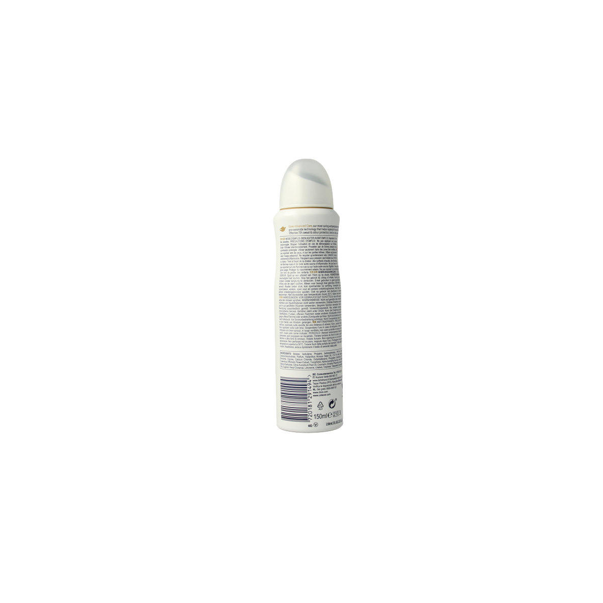 Dove deodorant spray in advanced coconut and jasmine scent, 150ml bottle with a white cap and floral design.