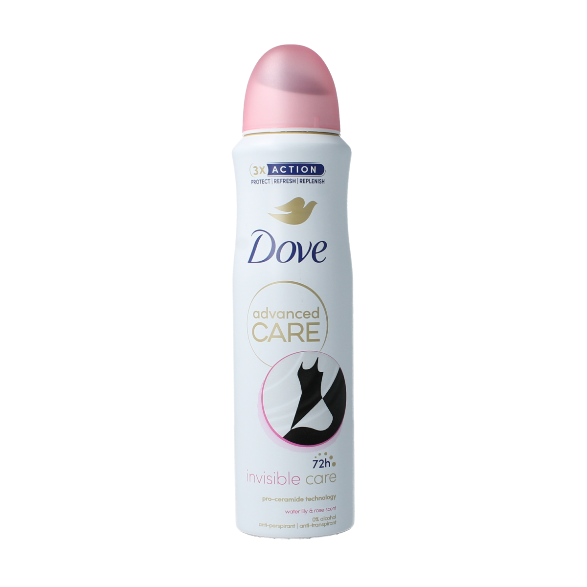 Dove Invisible Care deodorant spray 150ml bottle with a smooth white finish and clear cap, designed for odor and sweat protection.