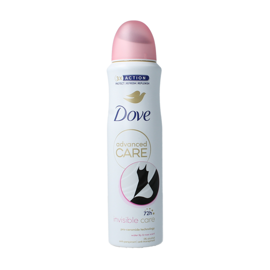 Dove Invisible Care deodorant spray 150ml bottle with a smooth white finish and clear cap, designed for odor and sweat protection.