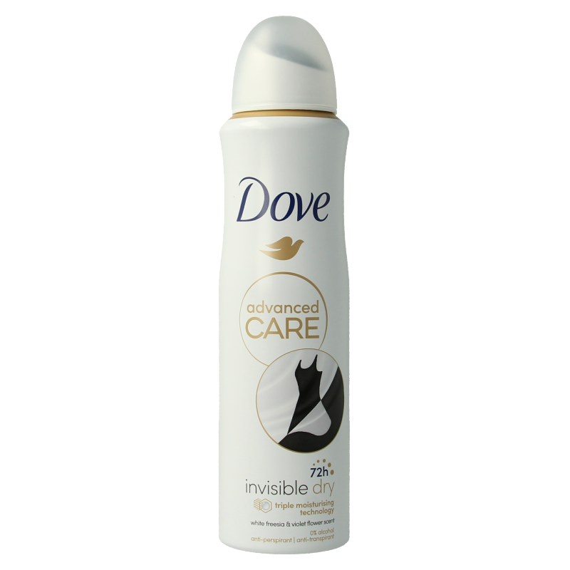 Dove Invisible Dry Deodorant spray in 150ml bottle, featuring a sleek design and spray nozzle for fresh protection.