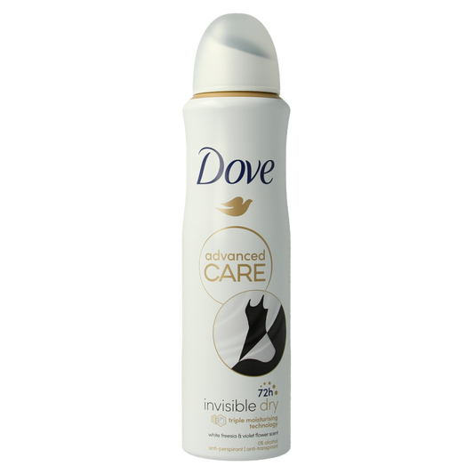 Dove Invisible Dry Deodorant spray in 150ml bottle, featuring a sleek design and spray nozzle for fresh protection.
