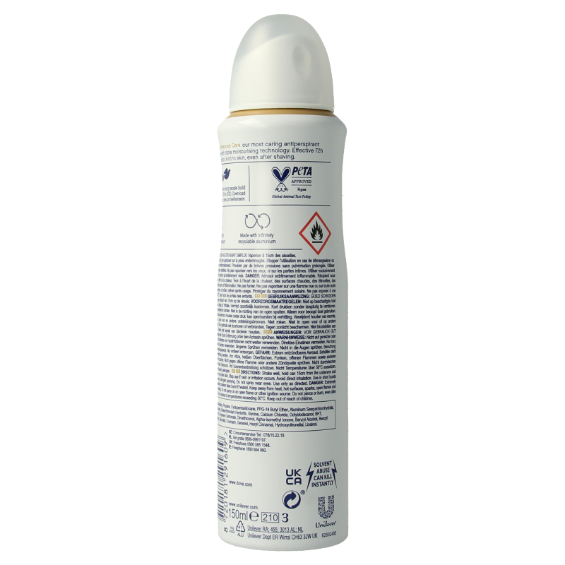 Dove Invisible Dry Deodorant spray bottle, 150ml, featuring a sleek white container with blue accents and a spray nozzle.