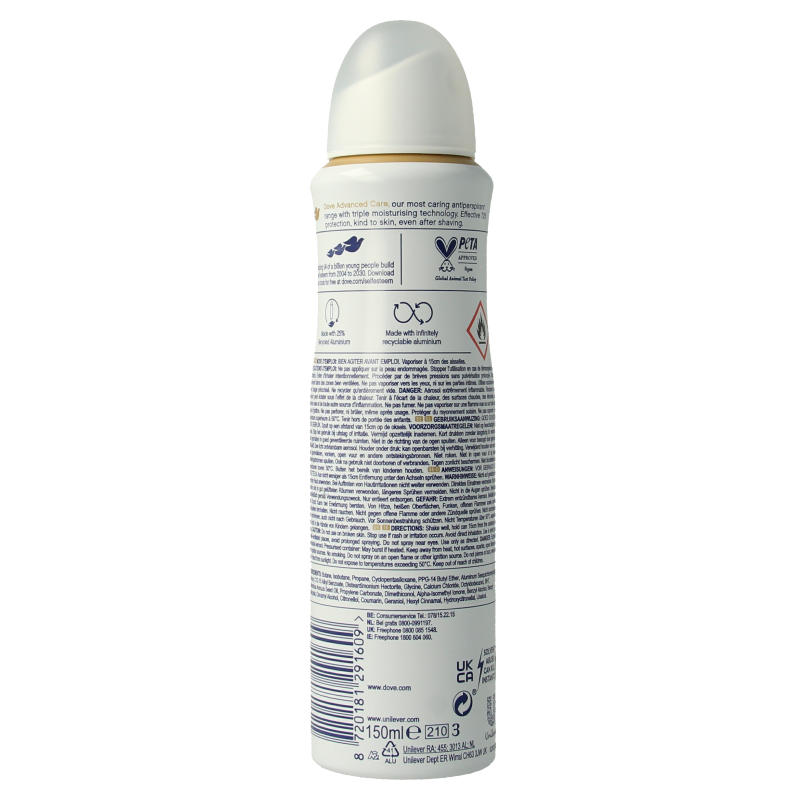 Dove Invisible Dry Deodorant Spray in 150ml bottle, showing the aerosol can with Dove branding and product label.