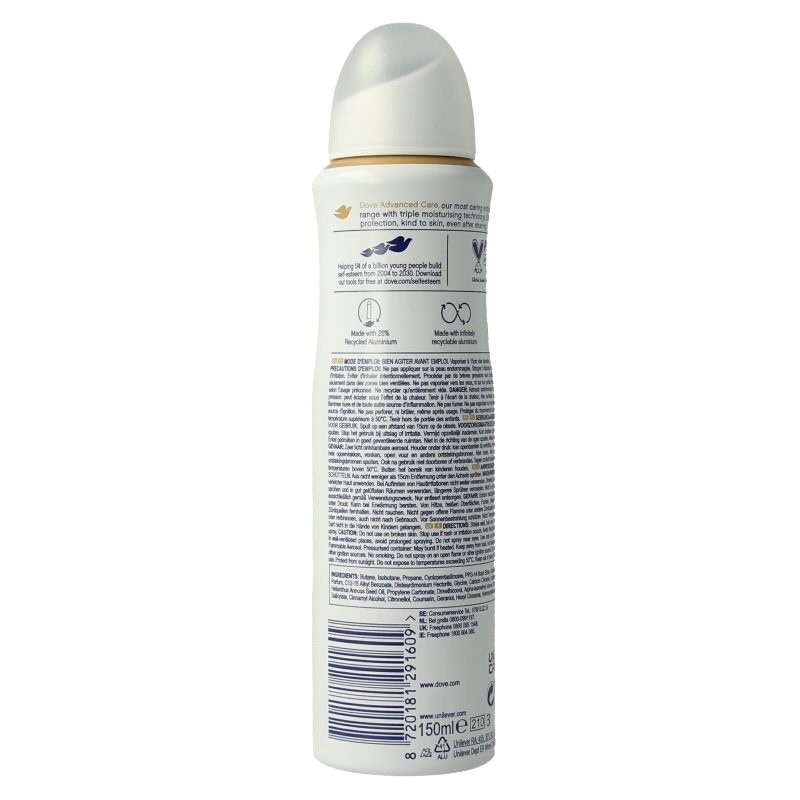 Dove Invisible Dry deodorant spray in 150ml bottle, showing the aerosol can with Dove branding and product label.