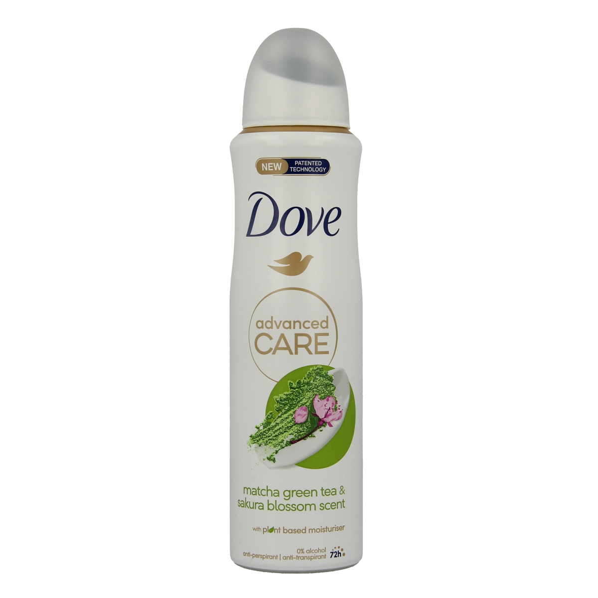 Dove deodorant spray with matcha and sakura scent, 150ml bottle, featuring a sleek design and branding on the can.