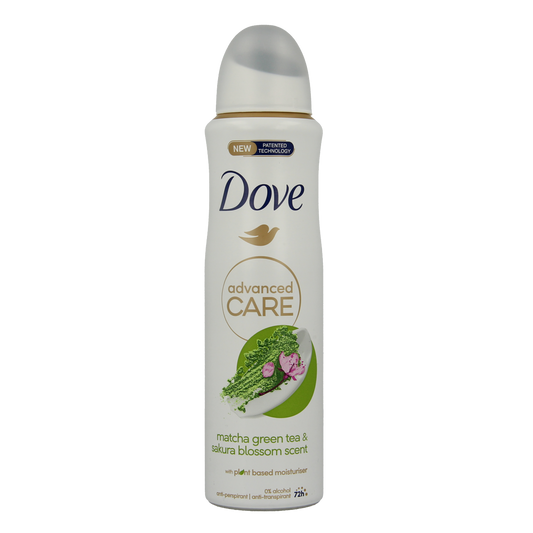Dove deodorant spray with matcha and sakura scent, 150ml bottle, featuring a sleek design and branding on the can.