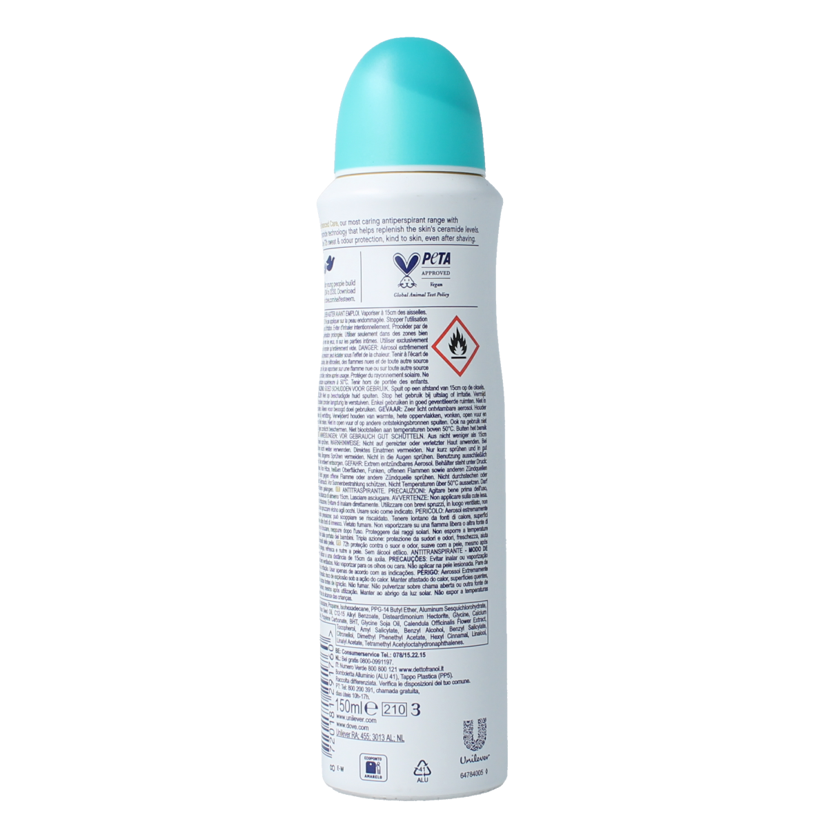 Dove deodorant spray with pear and aloe vera in a 150ml bottle, natural scent, shown in the image.