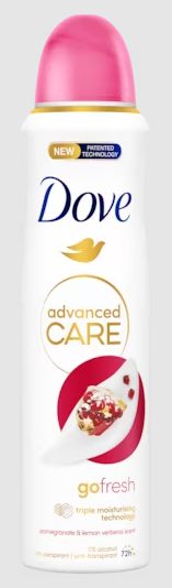 Dove Go Fresh Pomegranate deodorant spray bottle, 150ml, with a sleek design and fresh pomegranate scent.