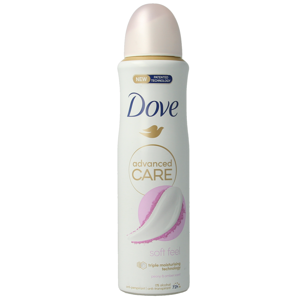 Dove Soft Feel deodorant spray bottle, 150ml, with a sleek white design and Dove branding visible on the label.