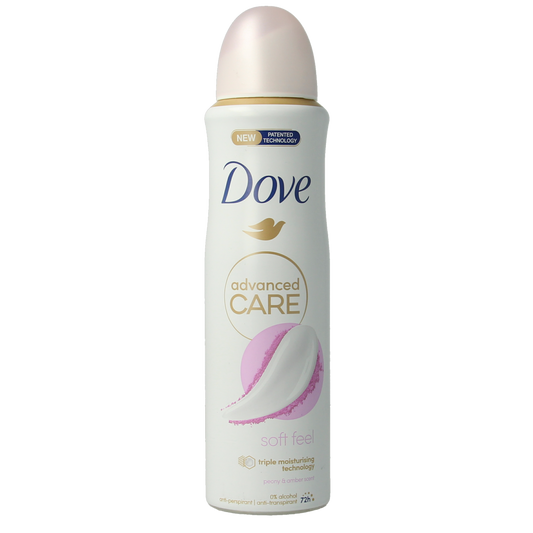 Dove Soft Feel deodorant spray bottle, 150ml, with a sleek white design and Dove branding visible on the label.