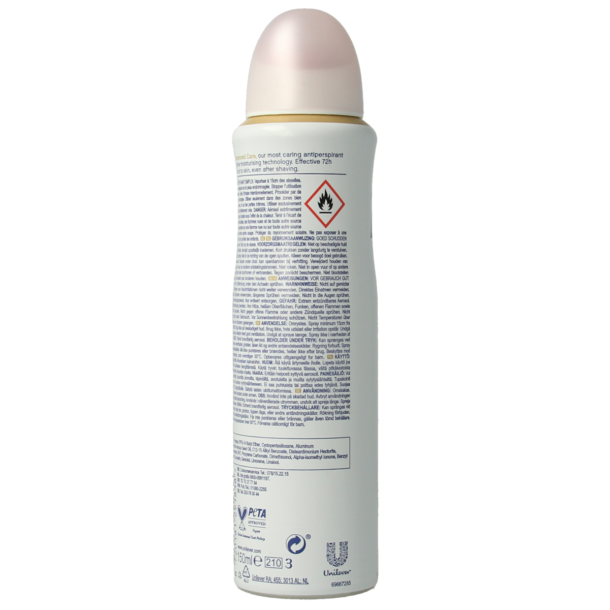 Dove Soft Feel deodorant spray in 150ml bottle, showing the sleek container and spray nozzle.