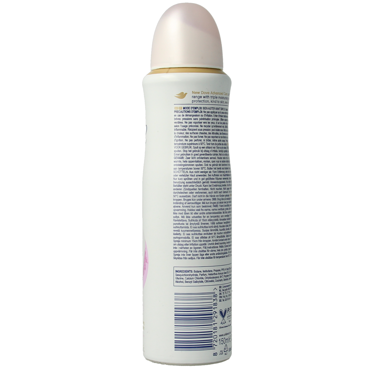 Dove Soft Feel Deodorant Spray 150ml bottle with white and blue design, designed to provide lasting freshness.