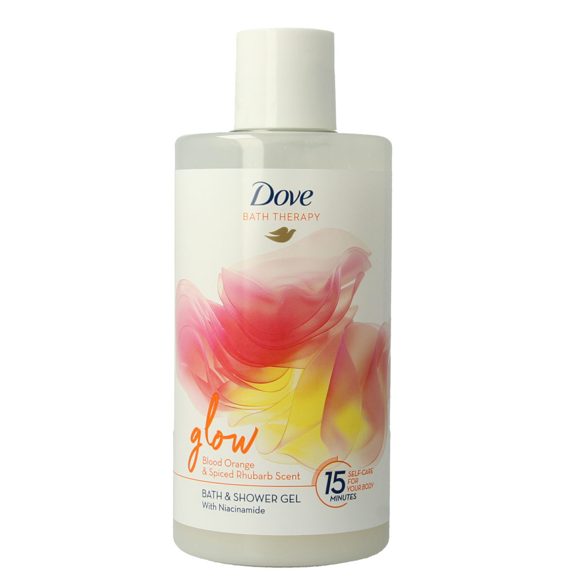Dove Bad en Douche Glow gel in a 400ml bottle, moisturizing shower gel with glow-enhancing formula, white and blue packaging