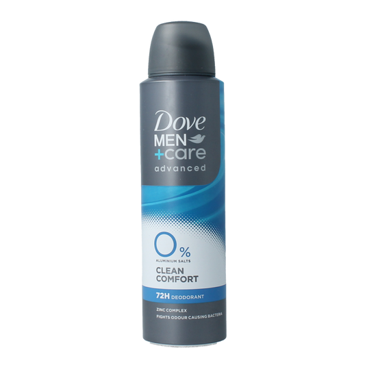 Dove Men+Care Clean Comfort deodorant spray, 150ml, featuring a white and blue aerosol can with Dove branding.