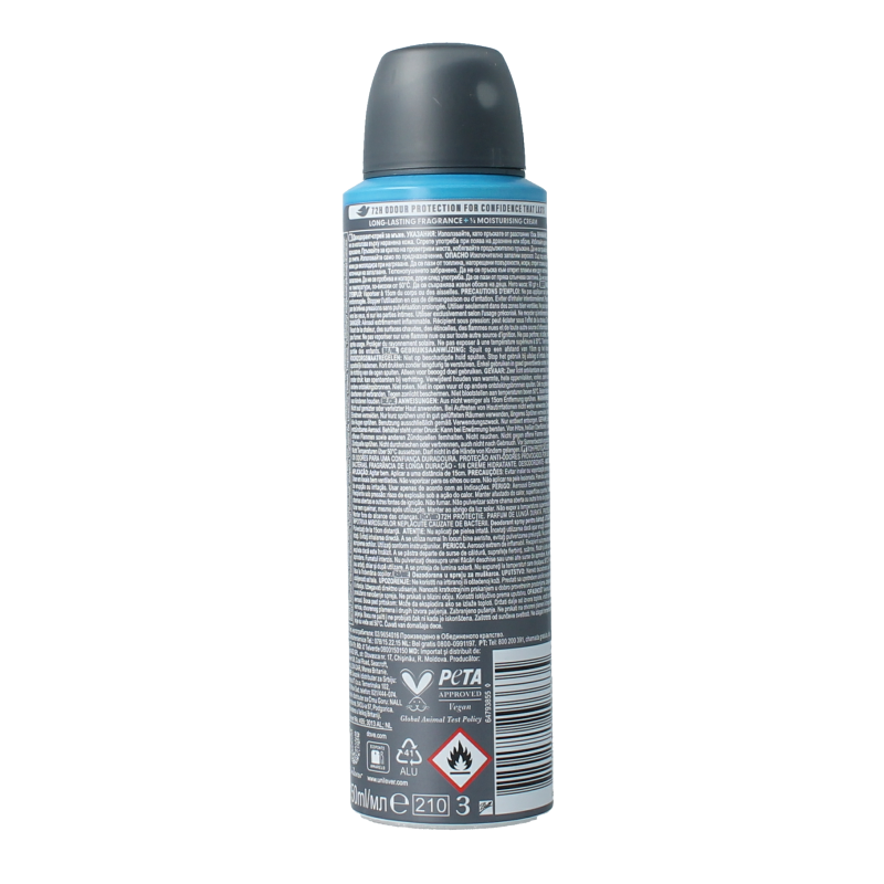 Dove Men+Care Clean Comfort deodorant spray in 150ml bottle, featuring a sleek design and white cap.