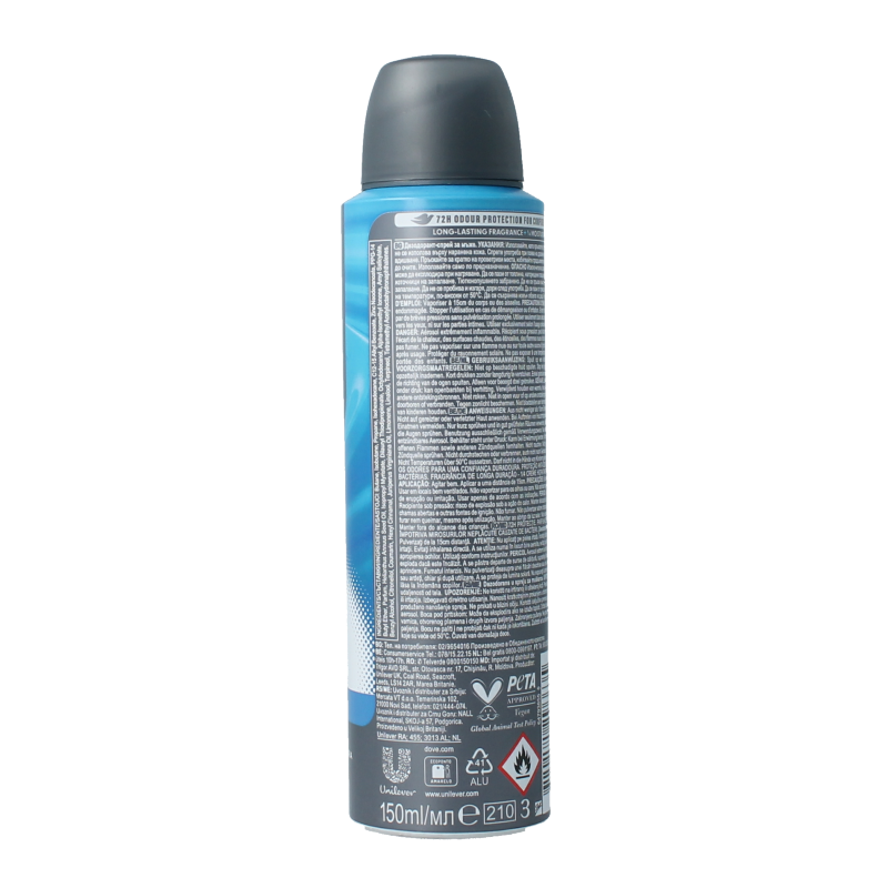 Dove Men+Care Clean Comfort deodorant spray in 150ml bottle, featuring a sleek design and clear labeling.