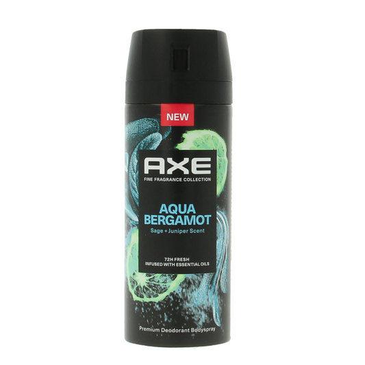 AXE Deodorant Bodyspray Kenobi Aqua Bergamot 150ml, featuring the spray can with a blue and silver design and fresh fragrance.