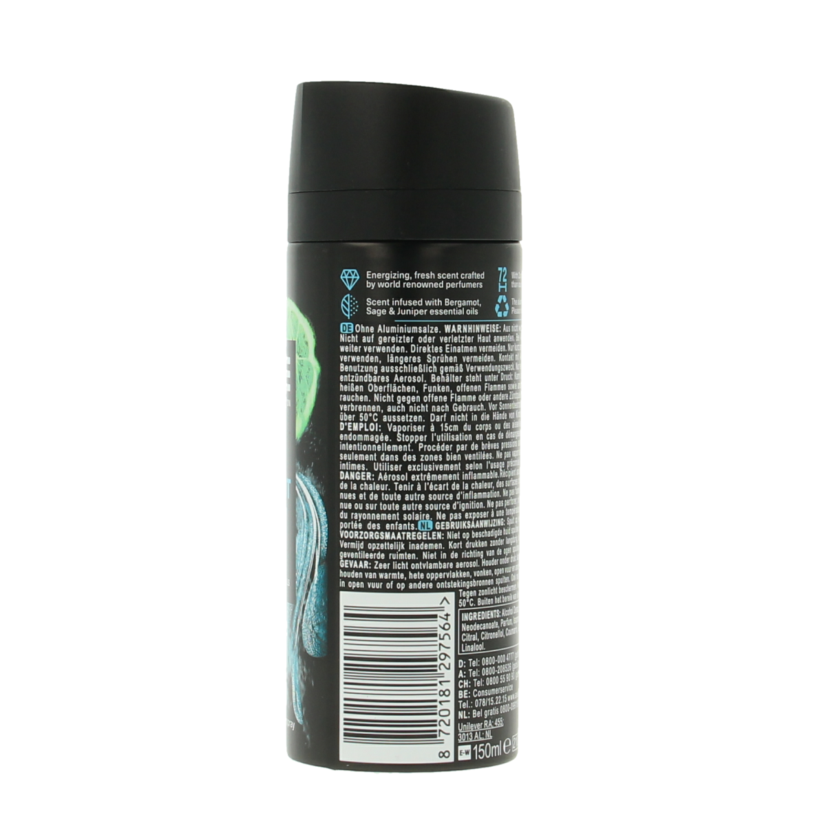 AXE Deodorant Bodyspray Kenobi Aqua Bergamot 150ml with sleek bottle and blue label, designed for refreshing scent.
