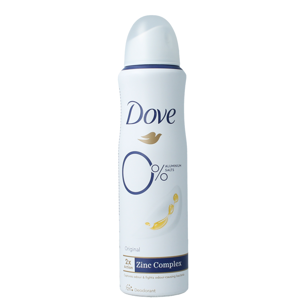 Dove Original Deodorant Spray 150ml bottle with white cap and clear label, designed for effective odor protection.