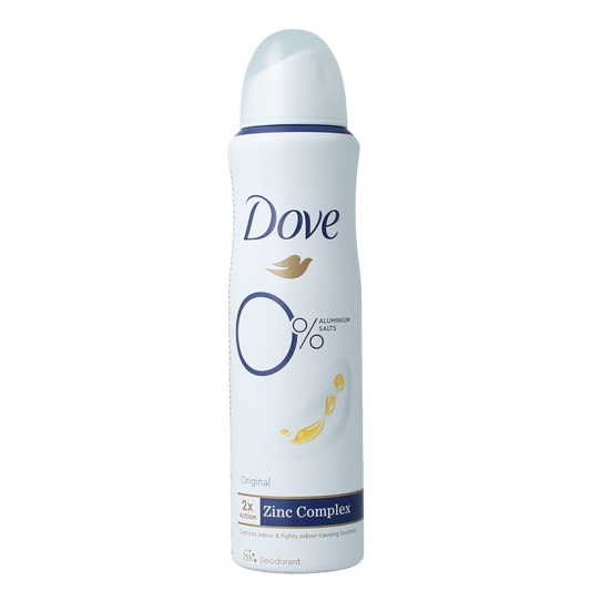Dove Original Deodorant Spray 150ml bottle with white cap and clear label, designed for effective odor protection.