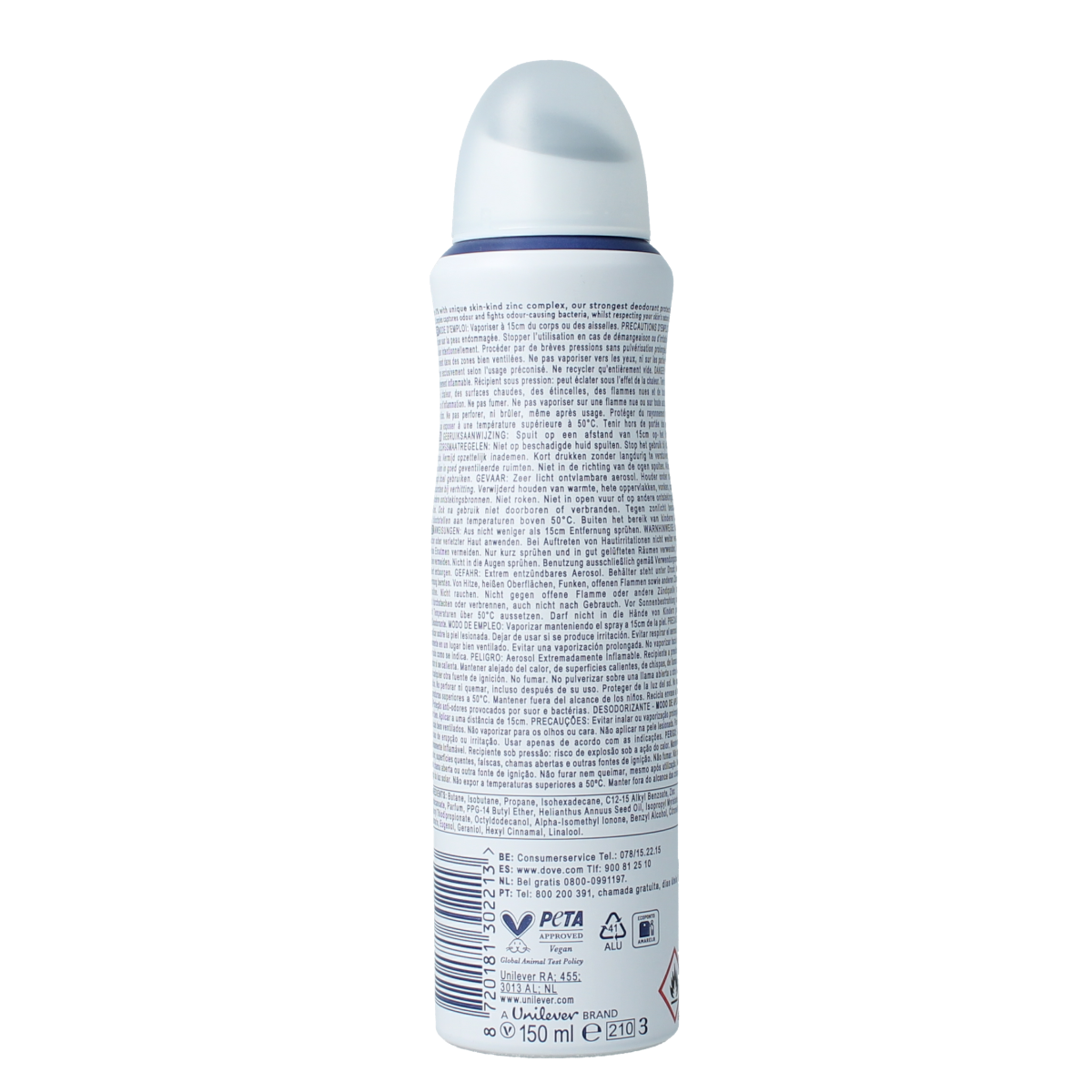 Dove Original Deodorant Spray 150ml bottle with white cap and clear spray nozzle, designed for odor protection.