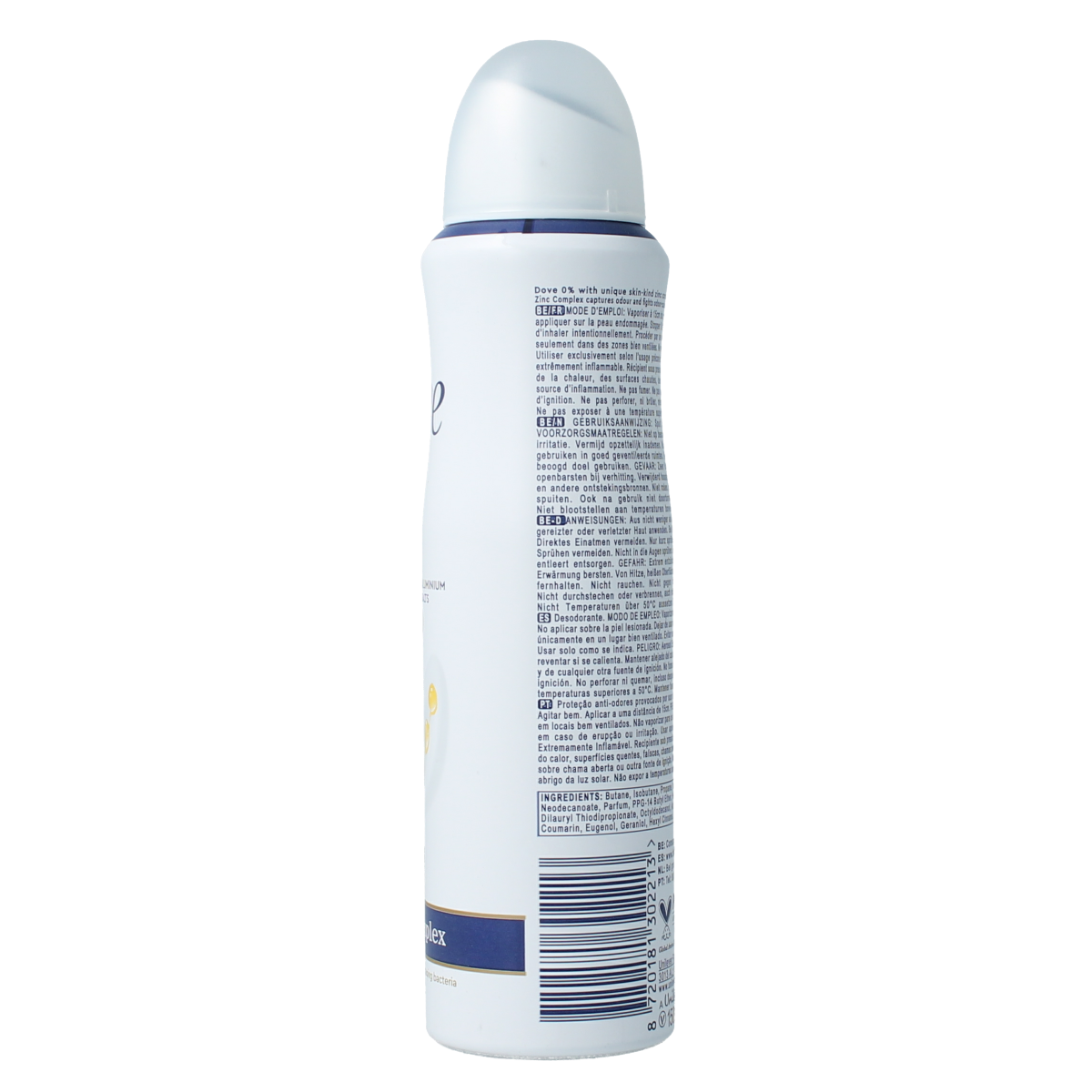 Dove Original Deodorant Spray 150ml bottle with white cap and clear label, showing the deodorant product.