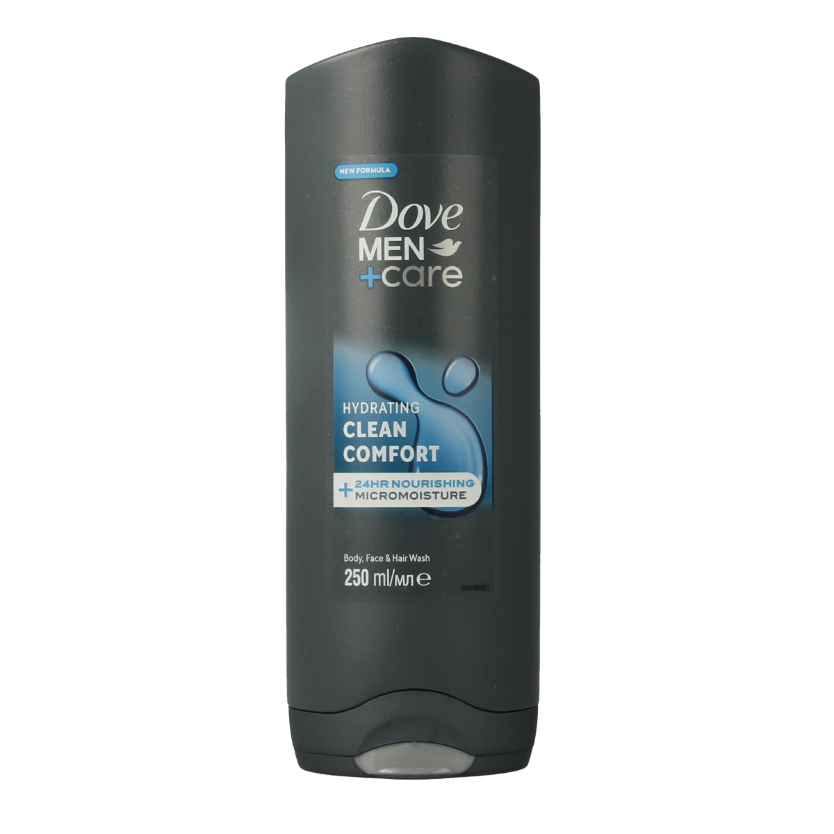 Dove Men+Care Clean Comfort 250ml shower gel bottle with pump dispenser, suitable for men's daily shower routine