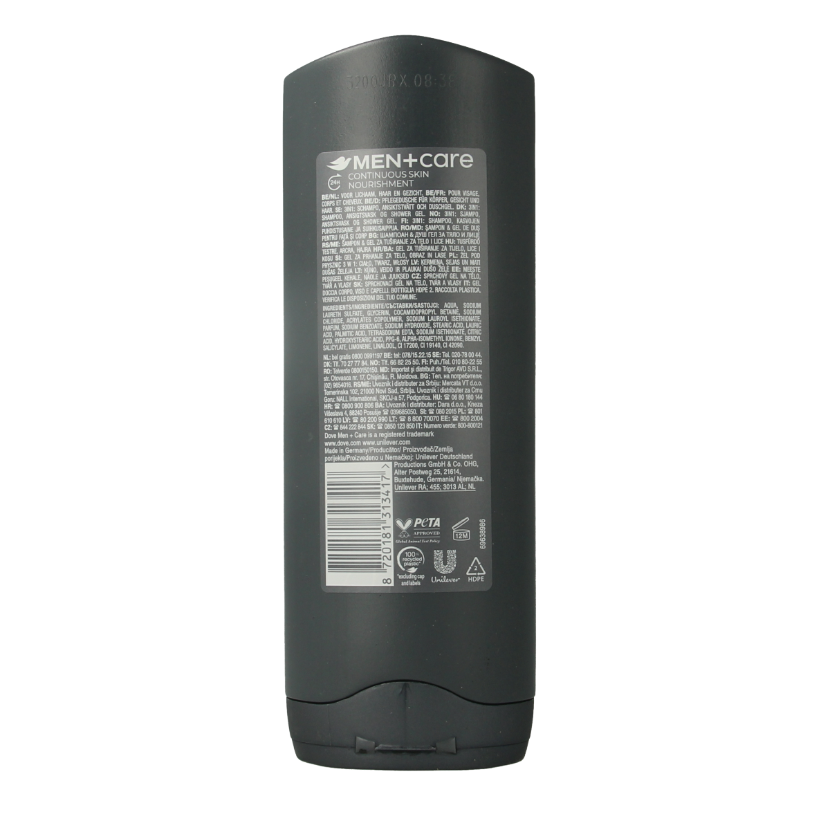 Dove Men+Care Clean Comfort 250ml body wash bottle for showering, featuring a sleek white design and Dove branding.