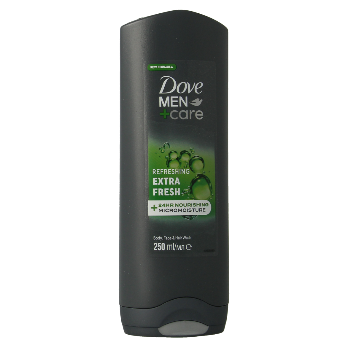 Dove Men+Care Extra Fresh Shower Gel in 250ml bottle, with a white and blue label, for invigorating men's shower routine