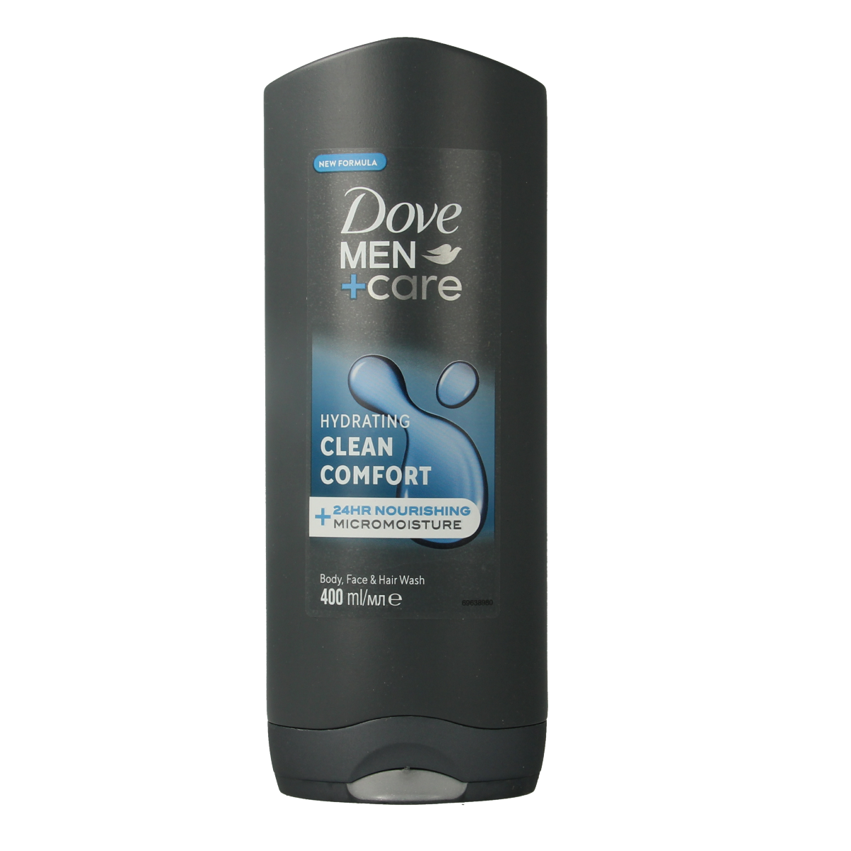Dove Men+Care Clean Comfort 400ml body wash in a transparent pump bottle showing the product label.
