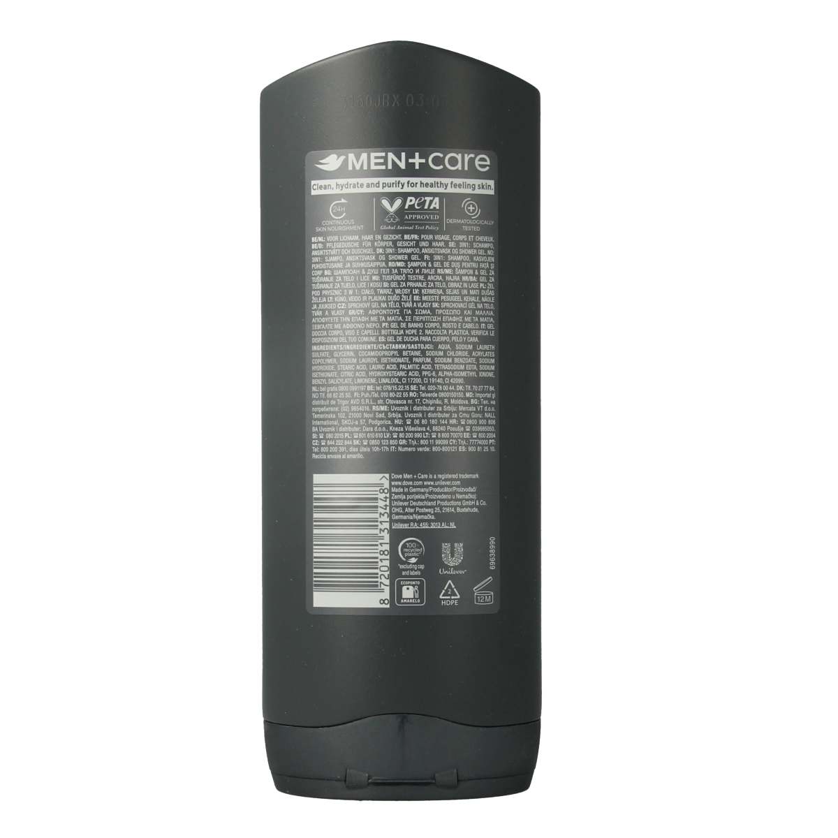 Dove Men+Care Clean Comfort body wash in 400ml bottle, featuring a clear gel formula for daily shower use.