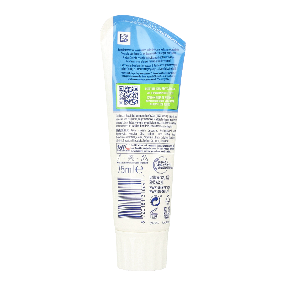 Prodent Coolmint toothpaste in 75ml tube, with fresh mint flavor and active whitening ingredients, shown in a close-up image.