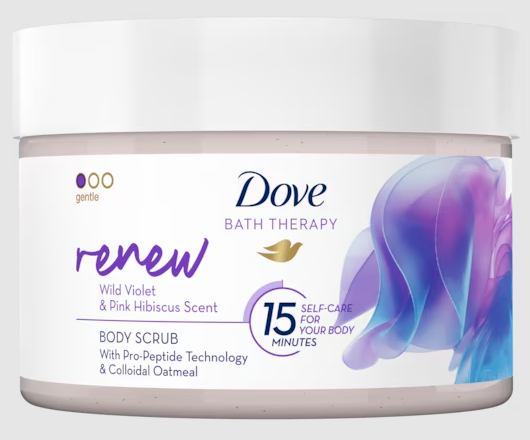 Dove Renew body scrub in 295ml container, natural ingredients for exfoliating and nourishing skin in body care routine.