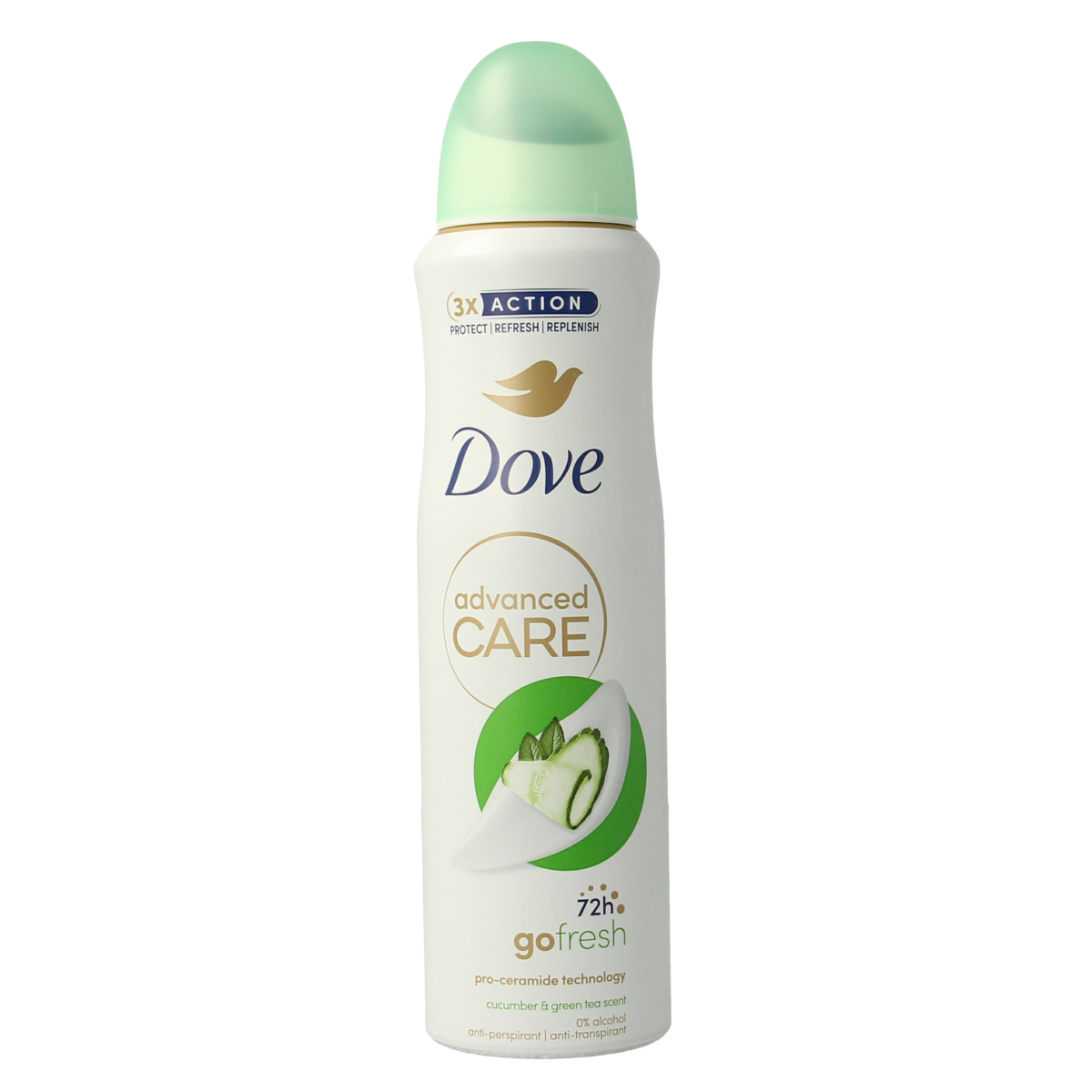 Dove Go Fresh Cucumber deodorant spray in a 150ml bottle, featuring a refreshing cucumber scent and lightweight aerosol design.