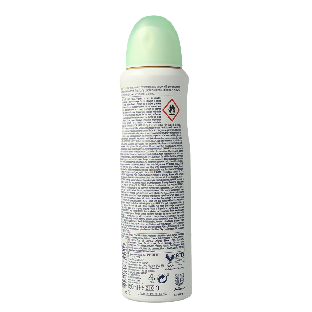 Dove Go Fresh Cucumber deodorant spray bottle, 150ml, with a sleek design and green accents, showing the product label.