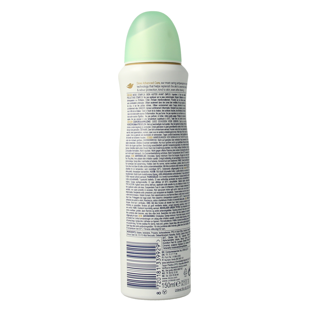 Dove Go Fresh Cucumber deodorant spray bottle, 150ml, with a sleek design and fresh cucumber scent.