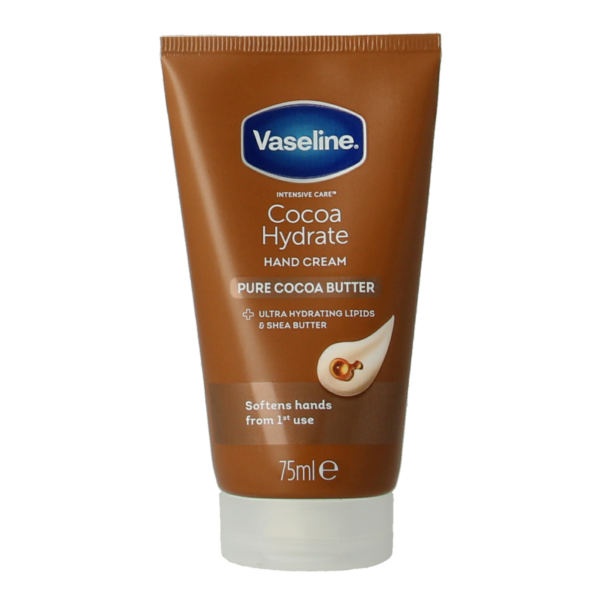 Vaseline Cocoa Hydrate Hand Creme in 75ml tube, moisturizing hand care with cocoa butter for soft, nourished skin