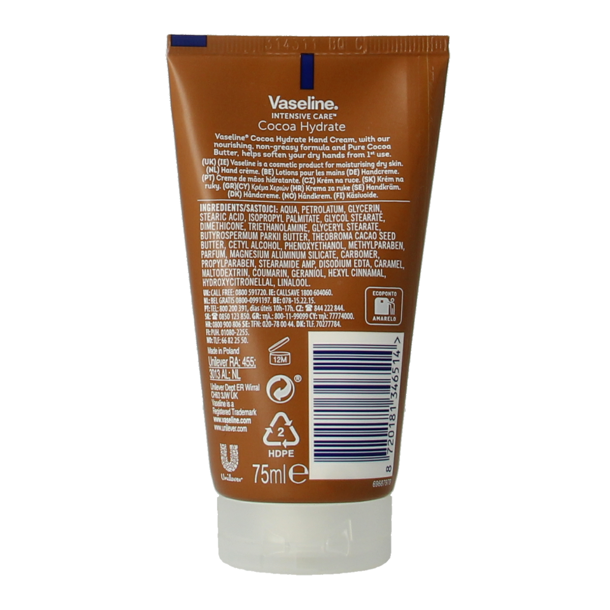 Vaseline Cocoa Hydrate hand cream in 75ml tube, moisturizing hand care product with cocoa scent and nourishing formula.