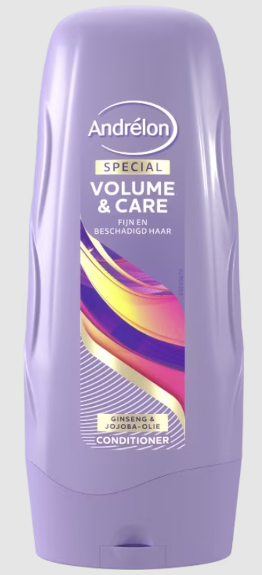 Andrelon Volume & Care Conditioner 250ml bottle, hair care product with a white and purple label, for adding volume and nourishment.