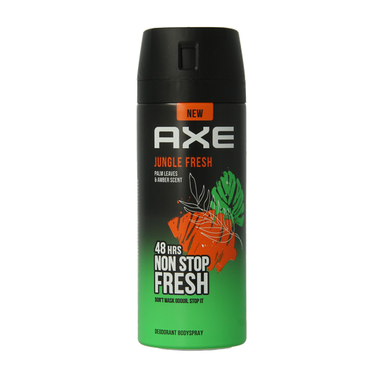 AXE Jungle Fresh deodorant bodyspray 150ml bottle with green and white design, featuring a spray nozzle and jungle-themed graphics.