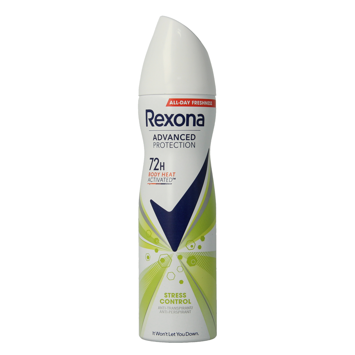 Rexona Stress Control 72h deodorant spray bottle, 150ml, with a sleek design and spray nozzle visible in the image.