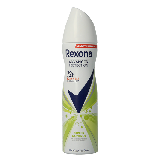 Rexona Stress Control 72h deodorant spray bottle, 150ml, with a sleek design and spray nozzle visible in the image.
